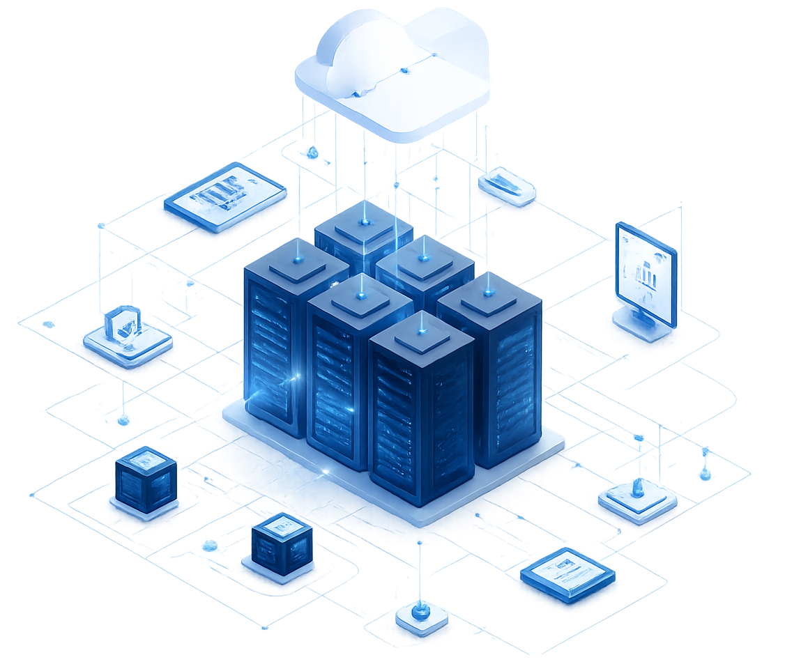Ilustração de infraestrutura cloud corporativa com servidores, armazenamento em nuvem e dispositivos conectados representando soluções de tecnologia da TERA UPGRADE.